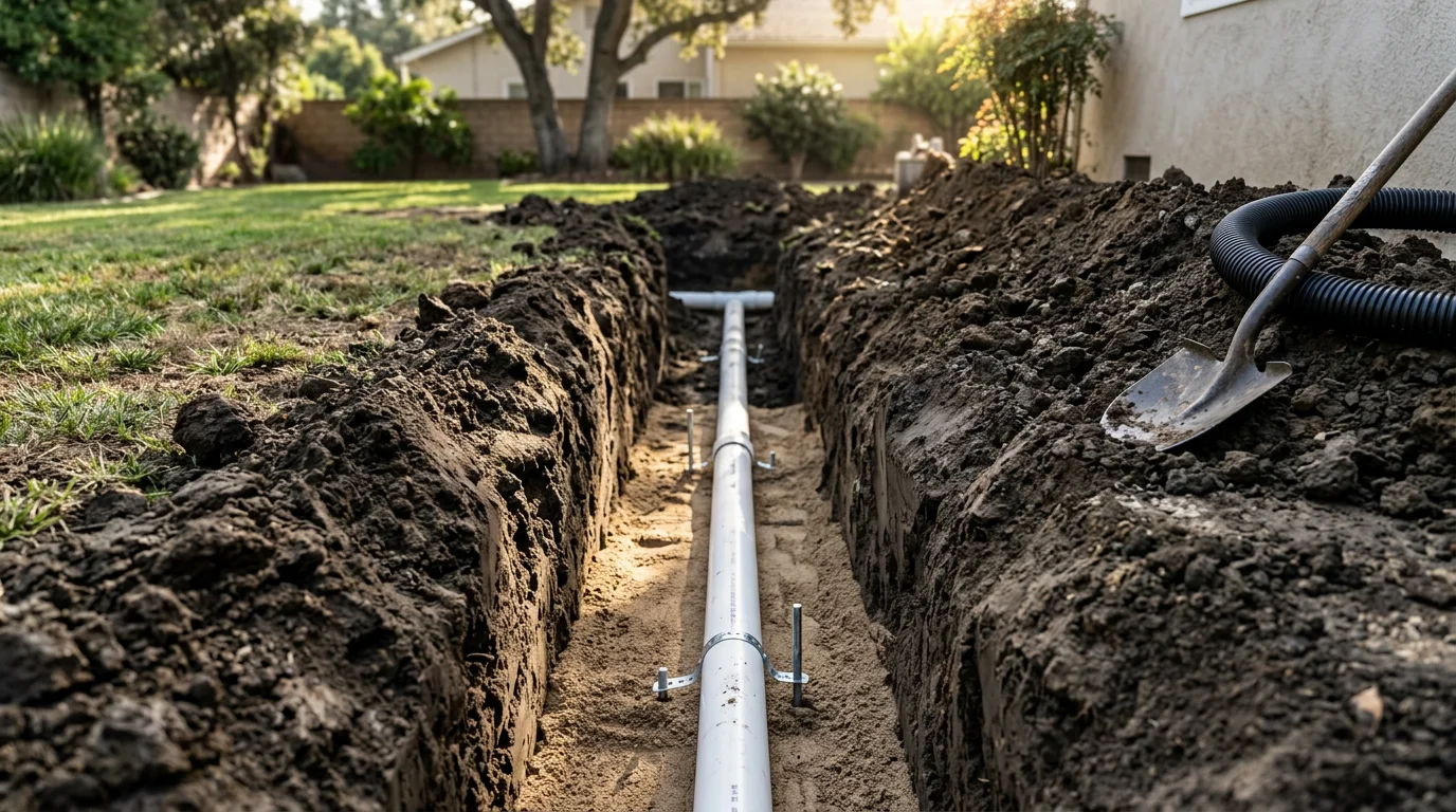 A newly installed drain line running beneath a residential floor in Glendora, California, with clean pipe connections visible before the trench is backfilled. A plumber inspects the slope and joint fittings on a slab-foundation home.