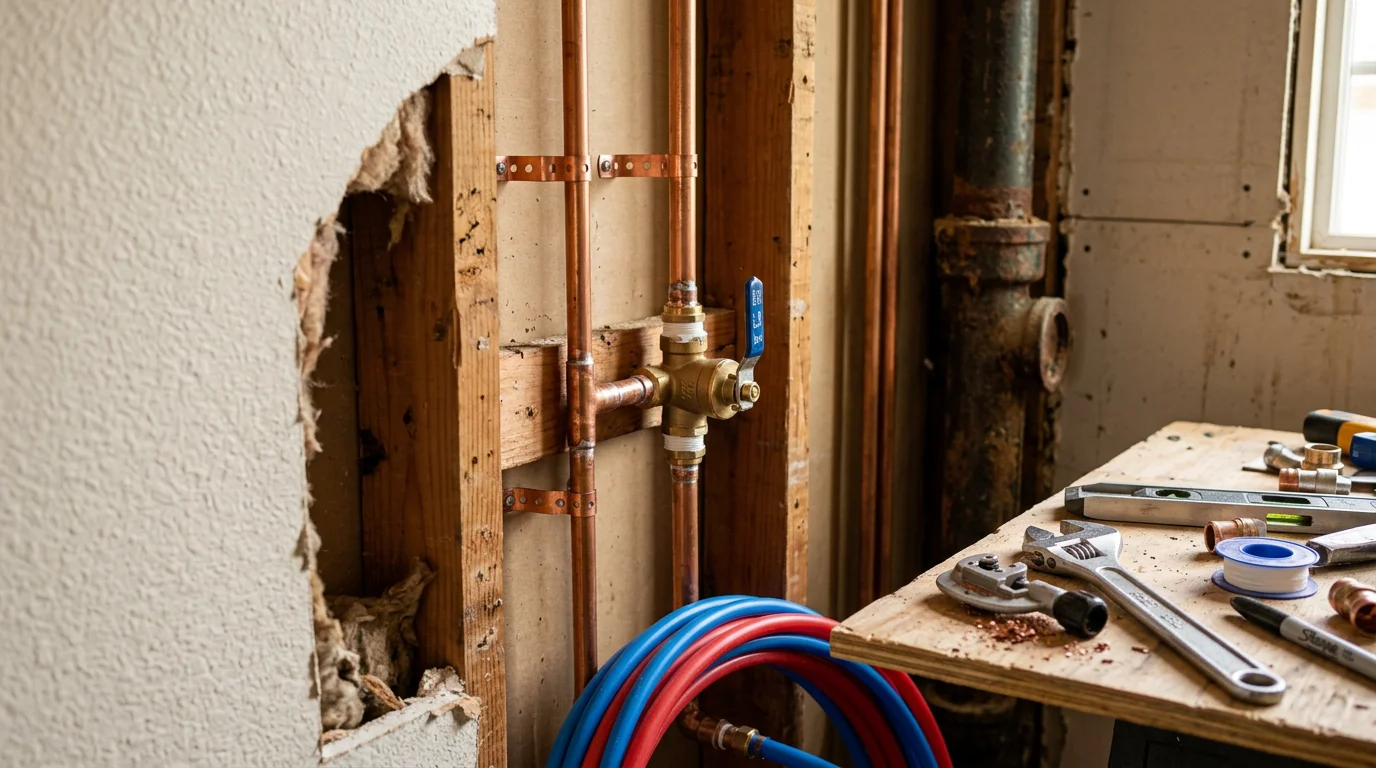 A plumber installing new copper supply lines and drain connections in a residential bathroom during a remodel in Glendora, California. The image shows exposed wall framing with freshly run pipe work ready for inspection before drywall.