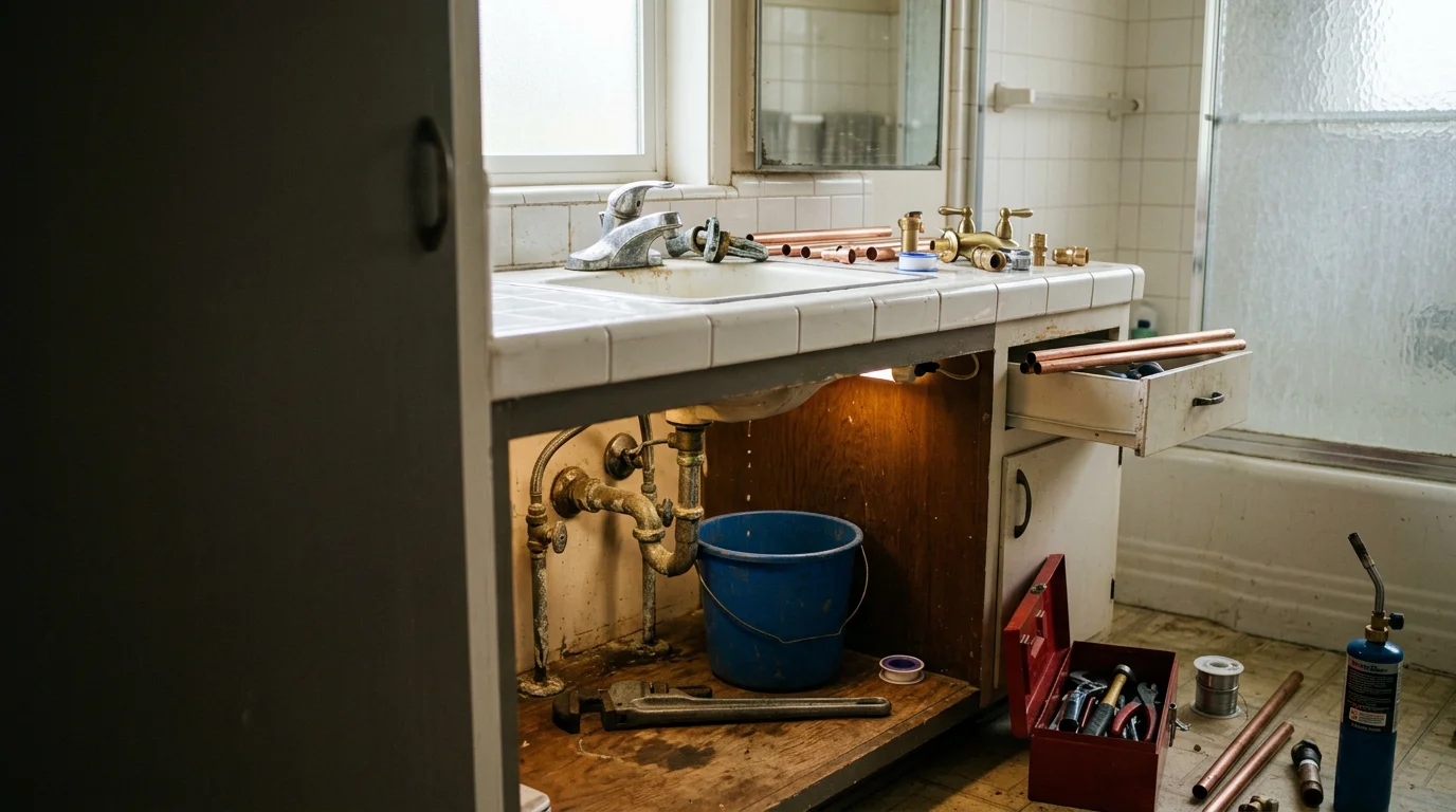 A plumber repairing a corroded pipe fitting beneath a kitchen sink in an older Glendora home. Tools and replacement parts are laid out on a work cloth beside the cabinet.