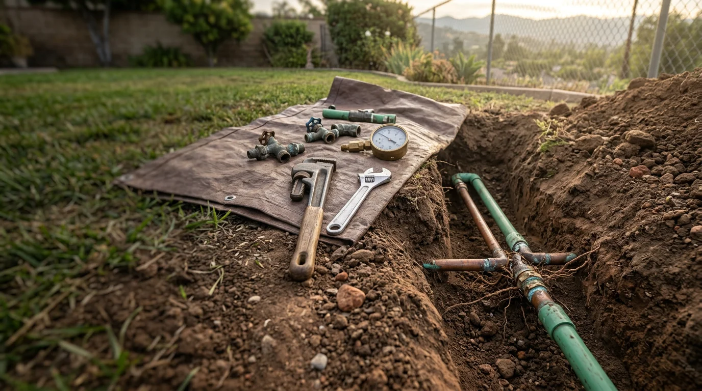 A plumber inspecting a repaired outdoor supply line connection at the side of a residential home in Glendora, California. The surrounding soil has been cleared to expose the pipe fitting, with a green lawn visible in the background.
