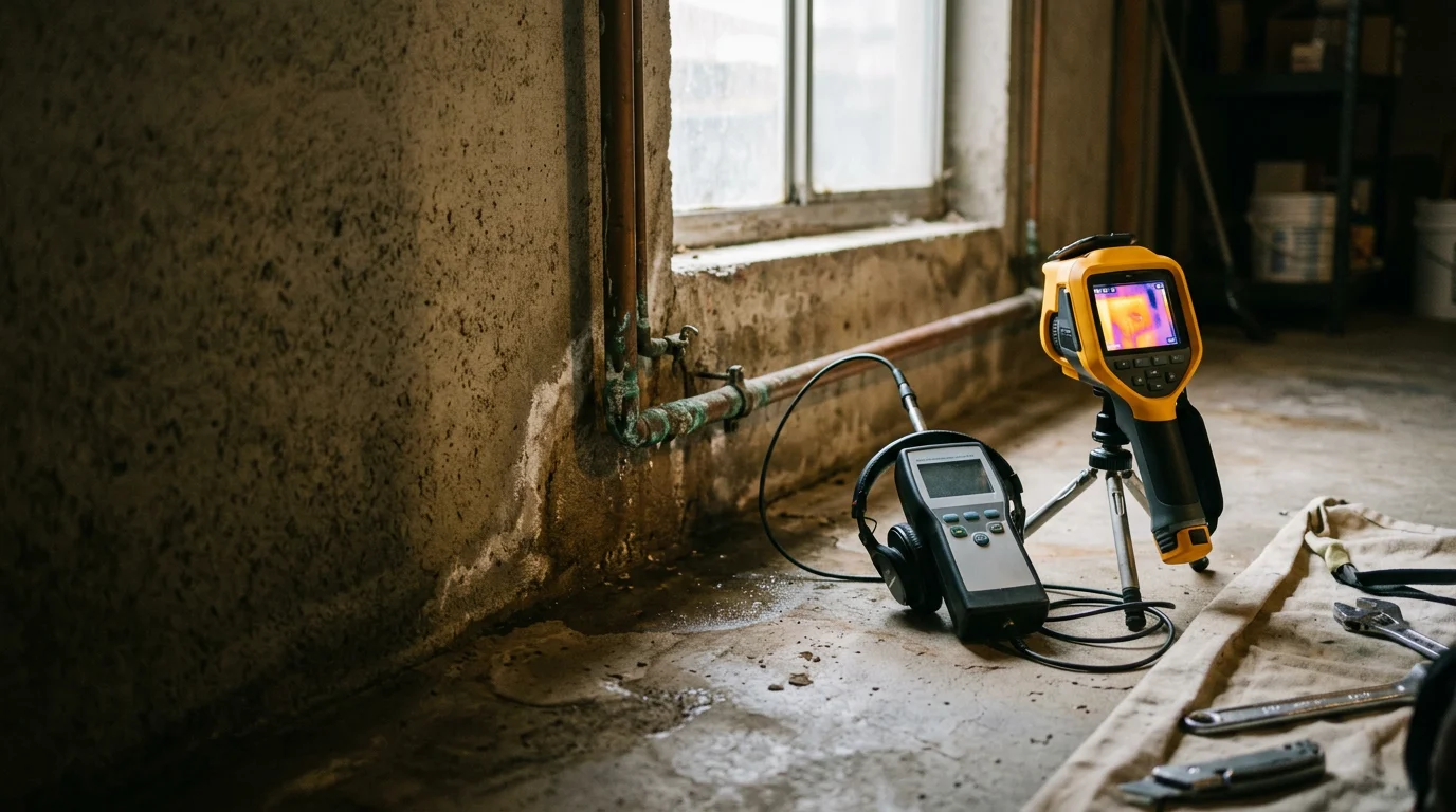 A plumber using acoustic leak detection equipment on the floor of a Glendora home to locate a hidden slab leak. The concrete slab foundation is visible in the background with no demolition yet performed.