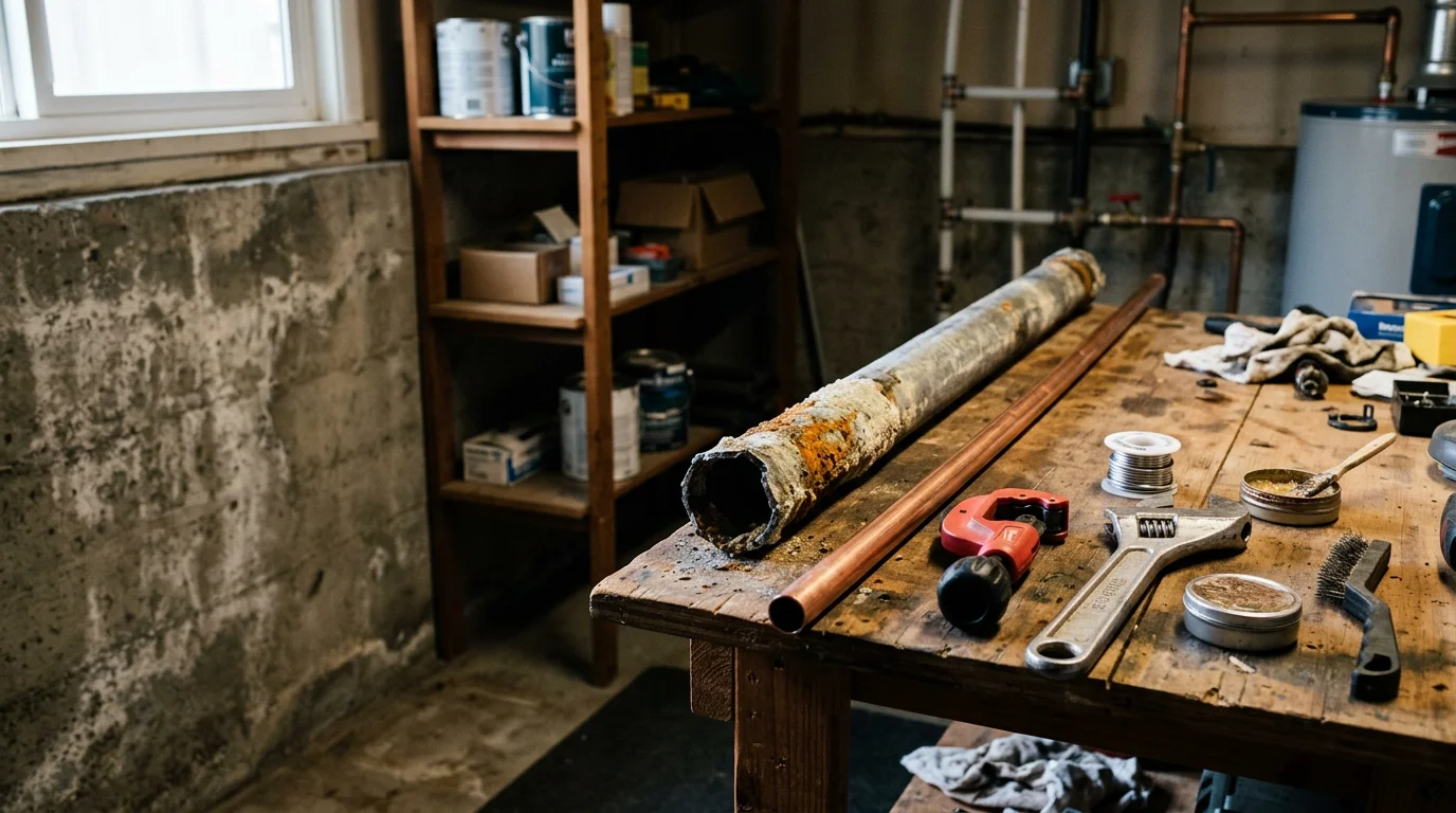 A plumber inspecting exposed supply pipes beneath a sink inside an older Glendora home. The image shows corroded galvanized pipe being assessed during a residential plumbing service call.