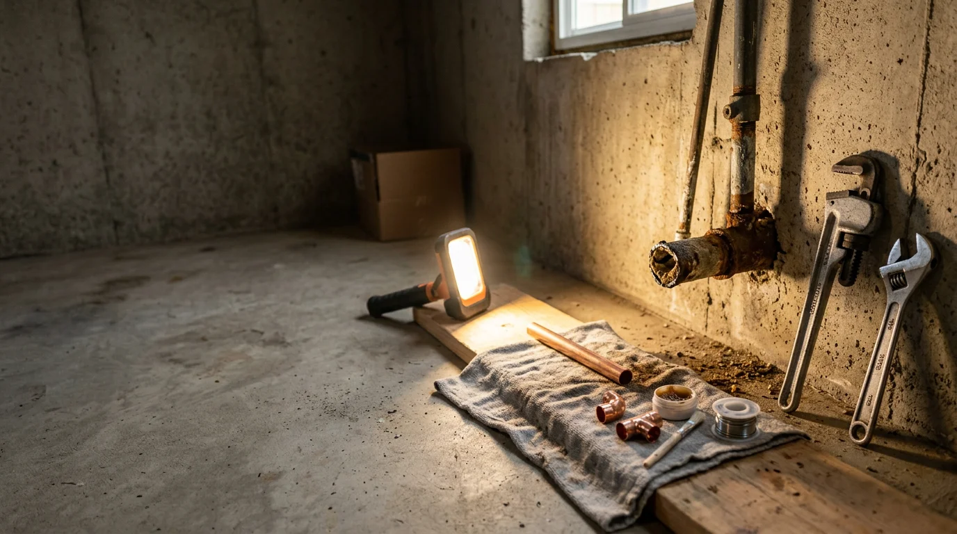 A plumber repairing a corroded galvanized supply pipe inside the wall of an older Glendora home. The exposed pipe section shows visible rust and mineral buildup typical of aging San Gabriel Valley residential plumbing.