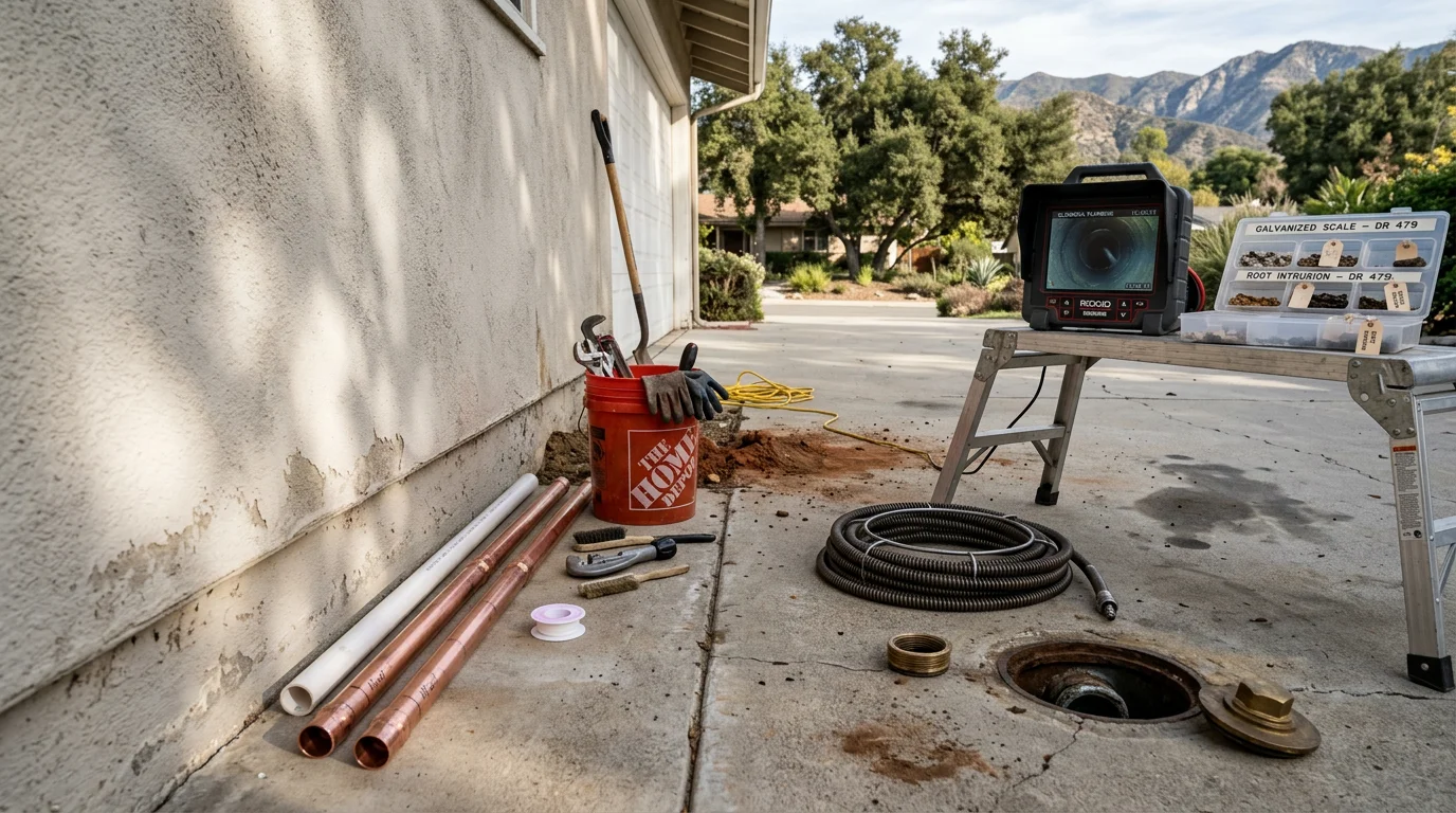 A plumber reviewing pipe work beneath a slab-foundation home in the Glendora area of the San Gabriel Valley. The image shows a service call in progress for a residential property in the Plumbing Buddies service area.