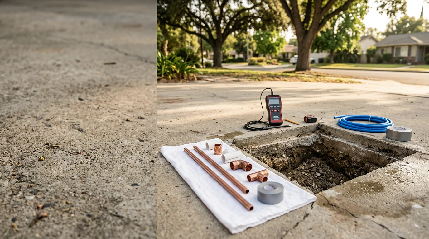 A plumber inspecting exposed supply lines beneath a mid-century Glendora home, with aging galvanized pipe visible in a crawl space. The image shows a hands-on residential plumbing inspection in the San Gabriel Valley.