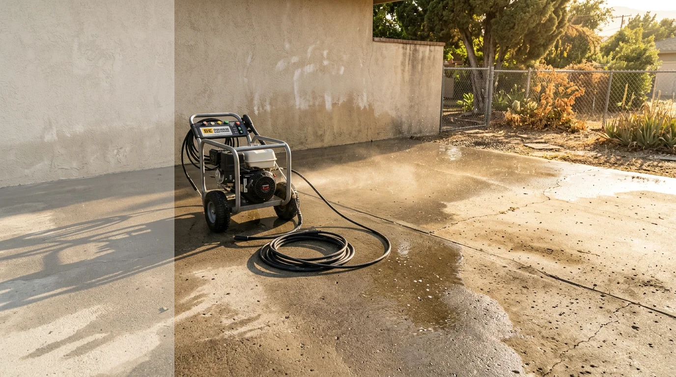 A concrete driveway and stucco exterior wall on a Glendora residential property being cleaned with a pressure washer, showing the contrast between the dirty and freshly cleaned surface sections.