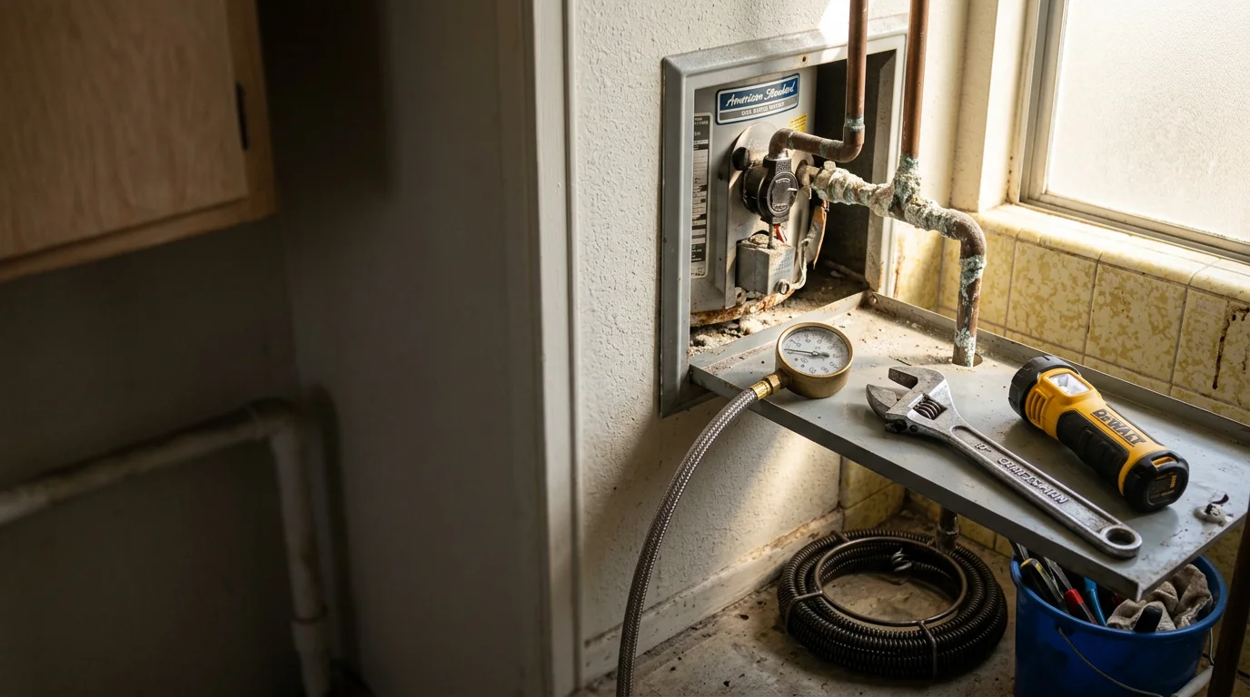A plumber inspecting under-sink pipes and checking water pressure at a residential home in Glendora, California. The image shows a hands-on maintenance visit with visible supply lines and fixtures in a typical single-family home setting.