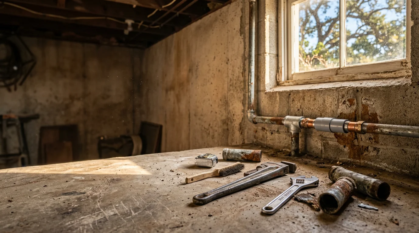 A plumber repairing a corroded galvanized pipe beneath a kitchen sink in an older Glendora single-family home. The work area shows exposed supply lines typical of mid-century construction common throughout the San Gabriel Valley.