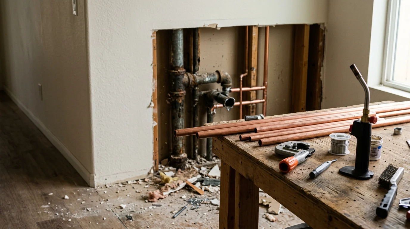 A plumber replacing corroded galvanized supply lines inside the wall of an older Glendora home during a whole-house repipe project. New pipe runs through an open wall cavity with original rusted pipe visible alongside for comparison.