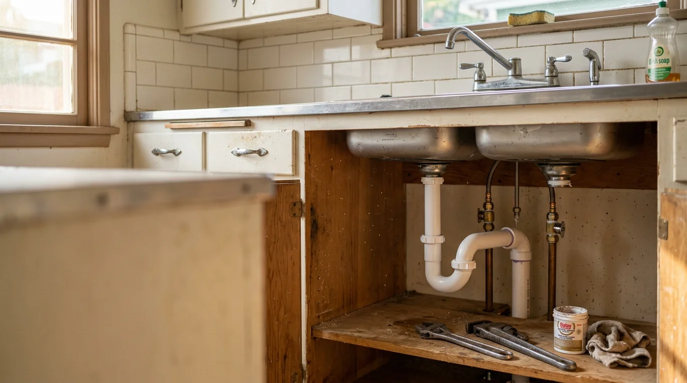 A plumber inspecting a corroded galvanized pipe beneath a mid-century Glendora home, with tools laid out on a drop cloth beside an open access panel. The repair is in progress inside a single-family home in the San Gabriel Valley.