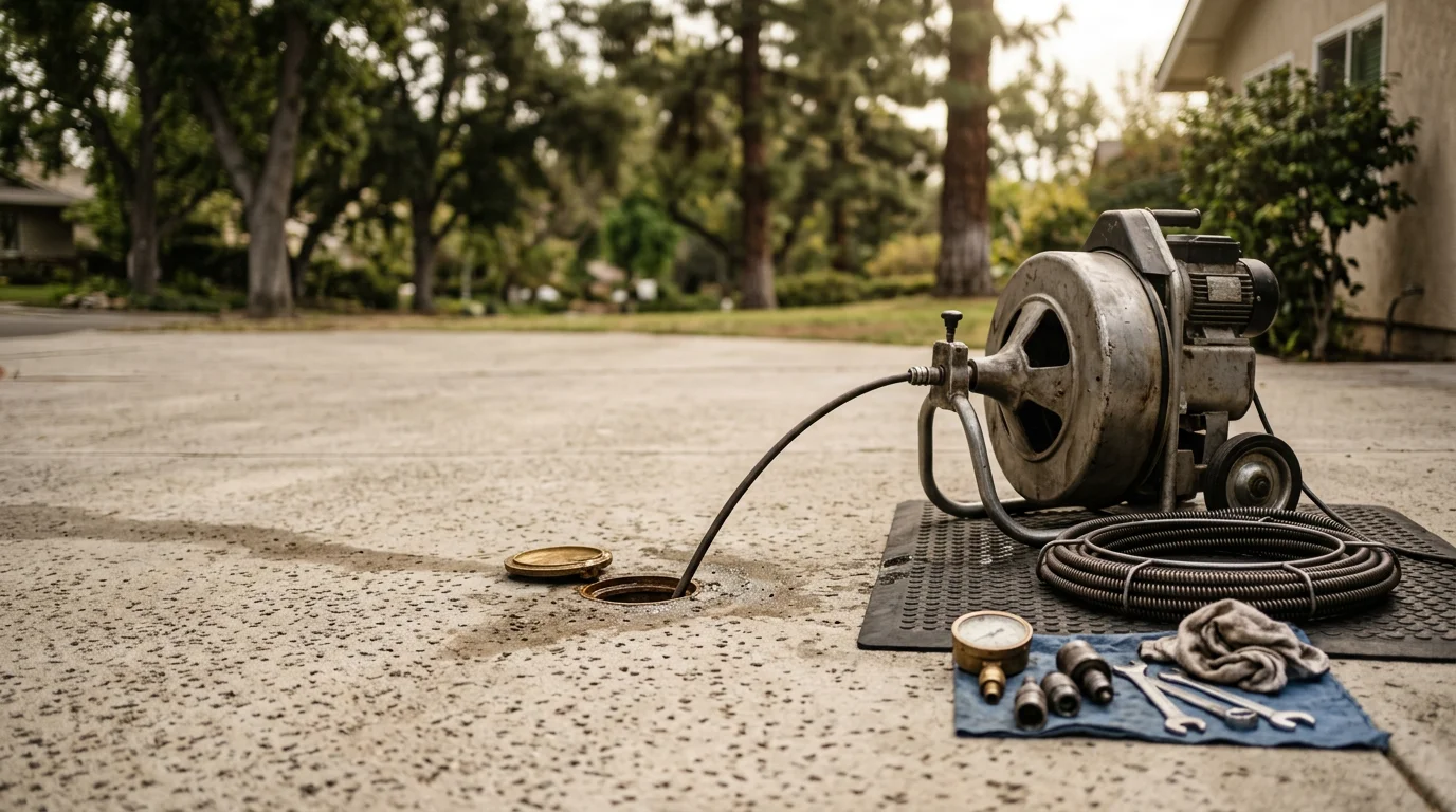 A plumber performing sewer cleaning on a residential property in Glendora, California, with a drain cleaning machine connected to a ground-level cleanout access point. The home reflects the mid-century style common across the San Gabriel Valley foothills.