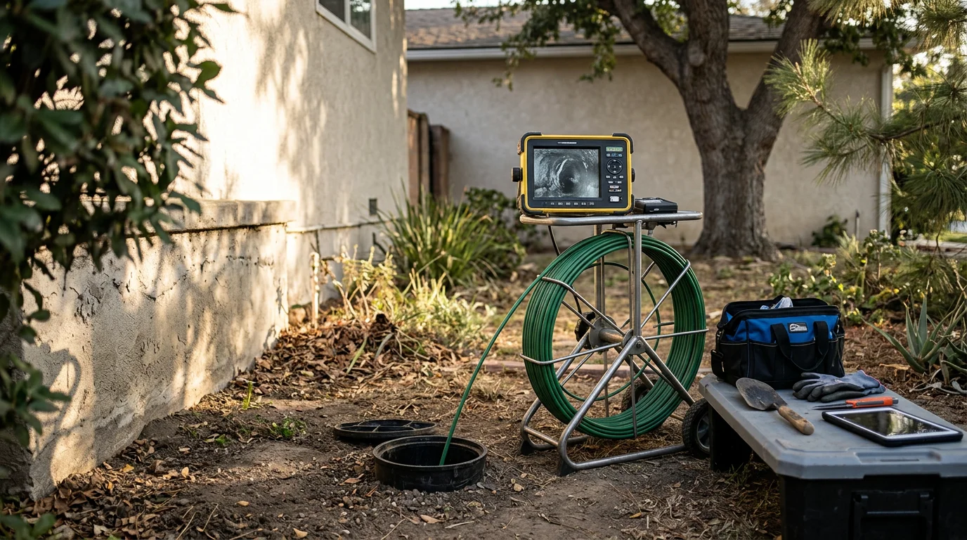 A plumber running a sewer camera inspection on a residential sewer line in Glendora, California. The monitor displays a cracked clay pipe with visible root intrusion inside the underground line.