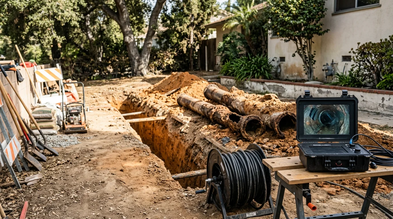 A Plumbing Buddies crew member inspecting an exposed residential sewer trench in Glendora, showing a deteriorated clay pipe being prepared for full replacement. The surrounding soil reflects the clay-heavy ground conditions common to older San Gabriel Valley neighborhoods.