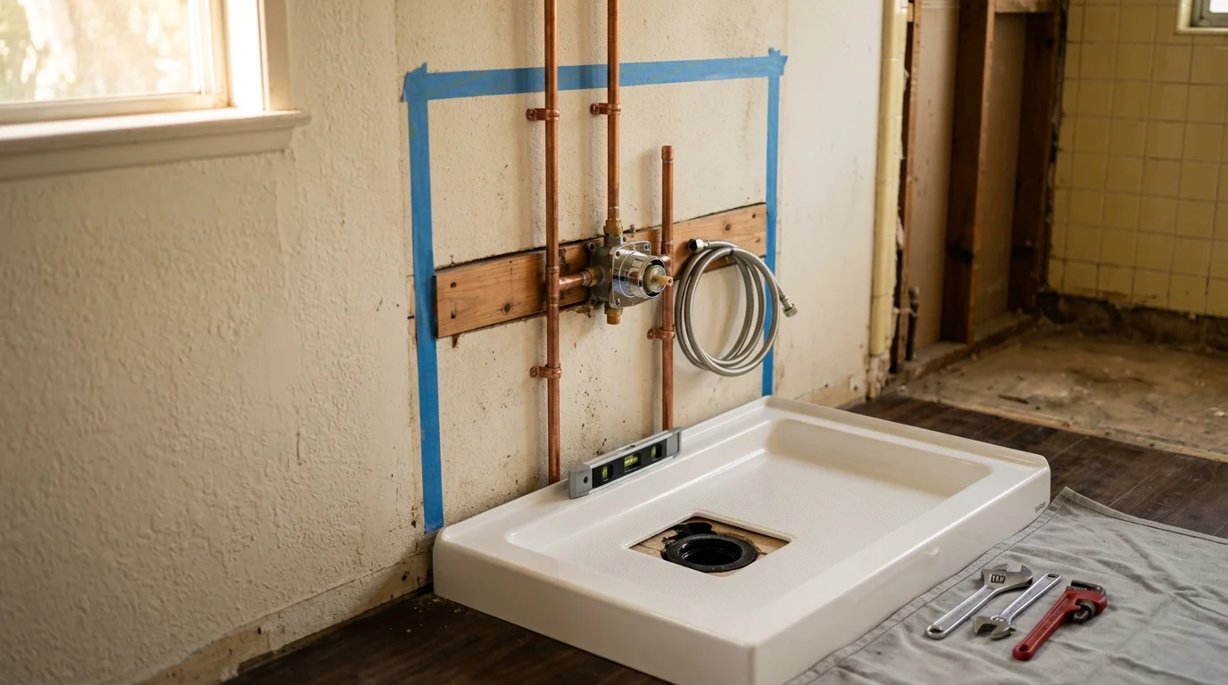 A newly installed shower with clean supply and drain connections in a residential bathroom in Glendora, California. The shower valve, pan, and trim are fully set and ready for use in a mid-century single-family home.
