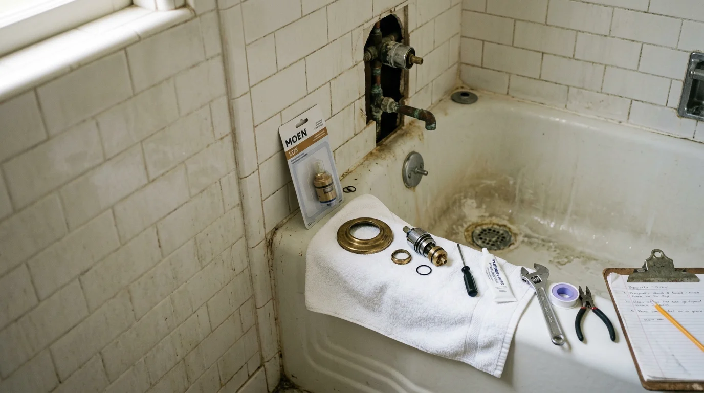 A plumber inspecting a shower valve and drain fitting inside a residential bathroom in Glendora, California. The image shows exposed valve components and tiled shower walls typical of mid-century San Gabriel Valley homes.