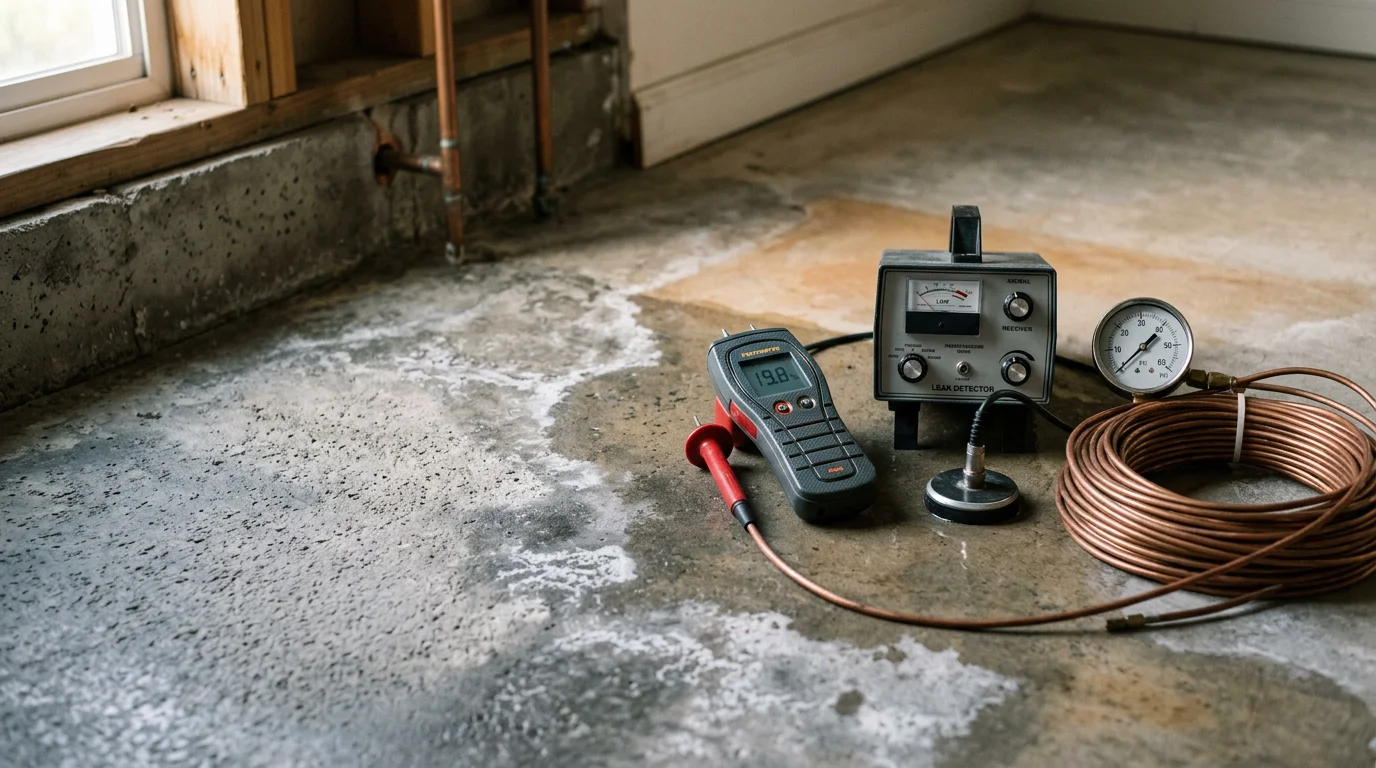 A plumber using electronic leak detection equipment on a concrete slab floor inside a Glendora home. The surrounding flooring shows early signs of moisture damage consistent with an active under-slab pipe leak.