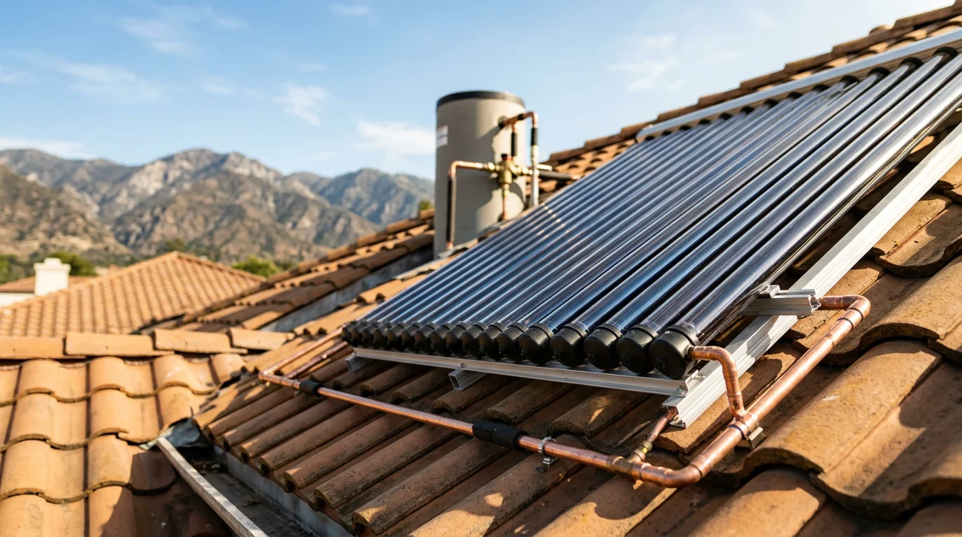 A solar water heater with roof-mounted thermal collectors installed on a residential home in Glendora, California. The storage tank is connected to the home's existing plumbing system in a sunny San Gabriel Valley neighborhood.