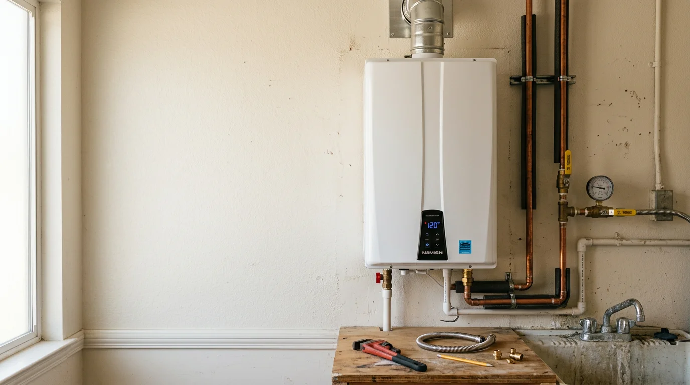 A plumber installing a wall-mounted tankless water heater in a residential utility area in Glendora, California, with gas and water supply connections visible. The compact unit is mounted flush to the wall in a typical San Gabriel Valley home.