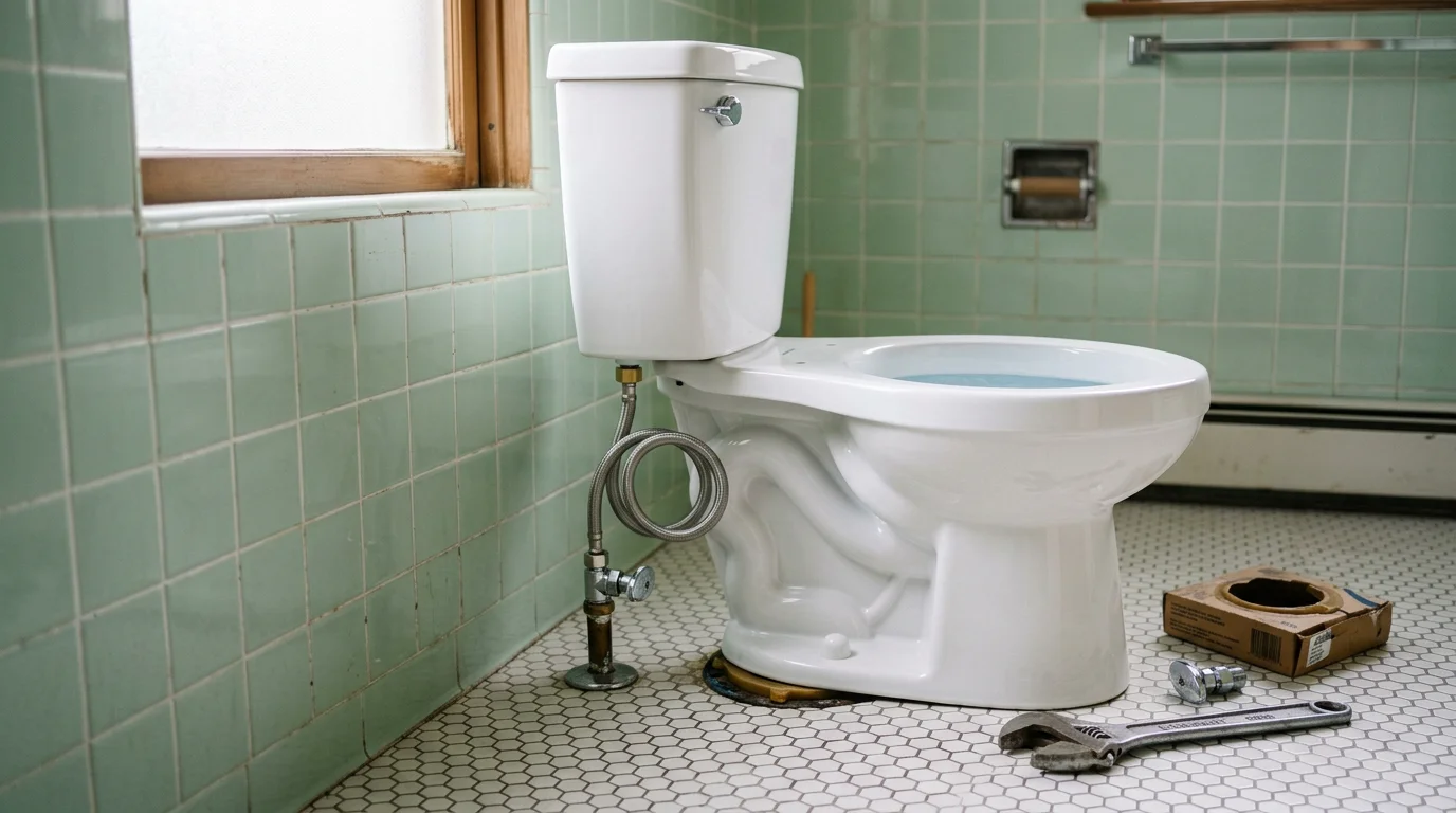 A newly installed white toilet in a residential bathroom in Glendora, California, with a clean supply line connection and finished floor around the base. A plumber from Plumbing Buddies checks the flush and inspects the wax ring seal after completing the installation.