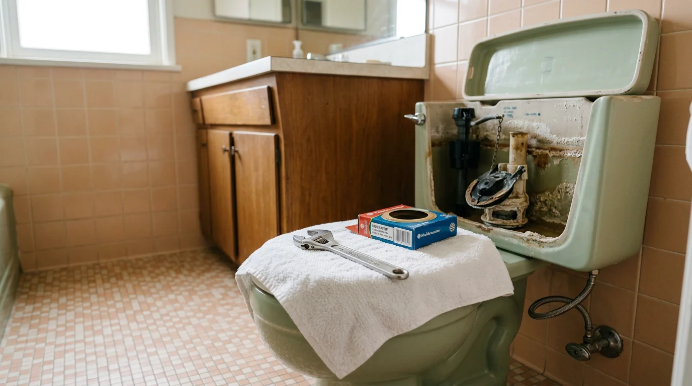 A plumber inspecting the internal tank components of a residential toilet in a Glendora home. The fill valve and flush valve seat are visible with tools resting on the tank lid.