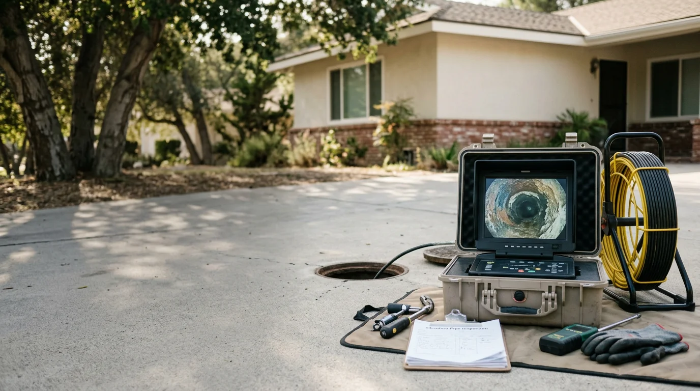 A plumber feeding a flexible camera cable into a residential sewer cleanout in Glendora, CA. The monitor beside the pipe shows a live video feed of the interior pipe wall with visible scale buildup.