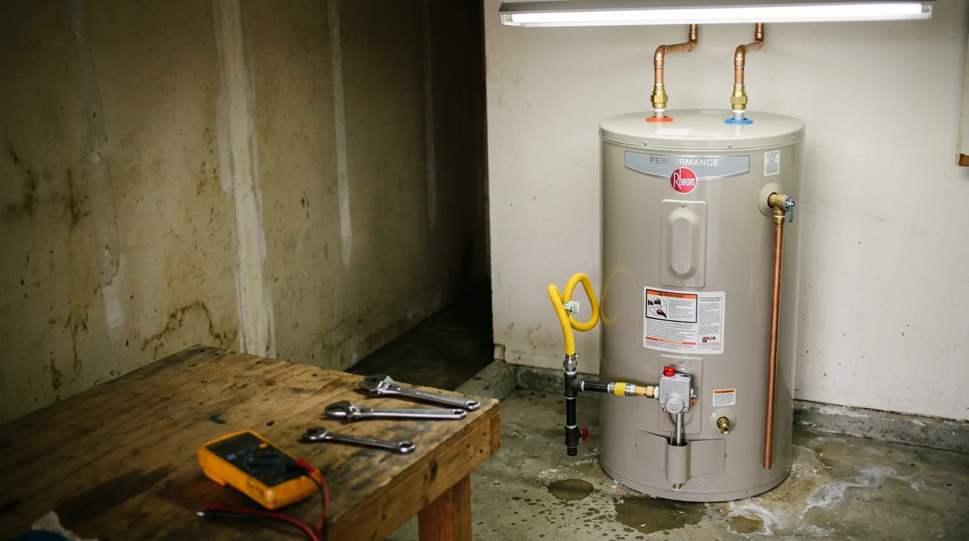 A plumber completing a water heater installation in a residential utility closet in Glendora, California, with new water supply connections and a pressure relief valve in place. The finished setup shows a tank-style water heater secured against the wall in a typical San Gabriel Valley home.