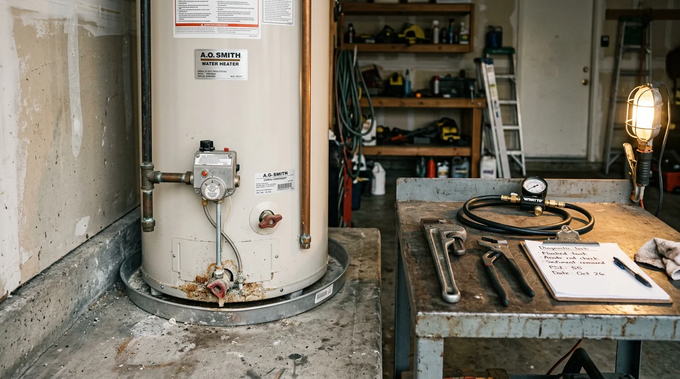 A plumber inspecting a tank water heater in the utility area of a single-family home in Glendora, California. The technician is checking the pressure relief valve and connections on an aging residential unit.