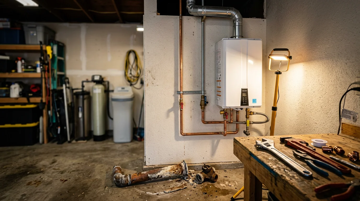 A plumber replacing a residential water heater in a Glendora home utility closet, with the old tank removed and a new unit being connected to the supply lines. The setting reflects a typical San Gabriel Valley home interior.