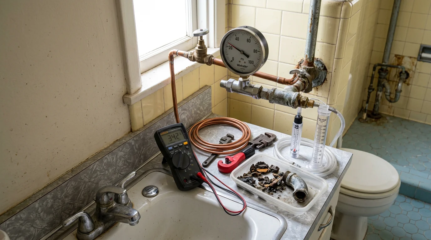 A plumber testing water pressure at a residential fixture inside an older Glendora home. The gauge reads a low PSI reading, indicating a pressure problem that needs professional diagnosis.