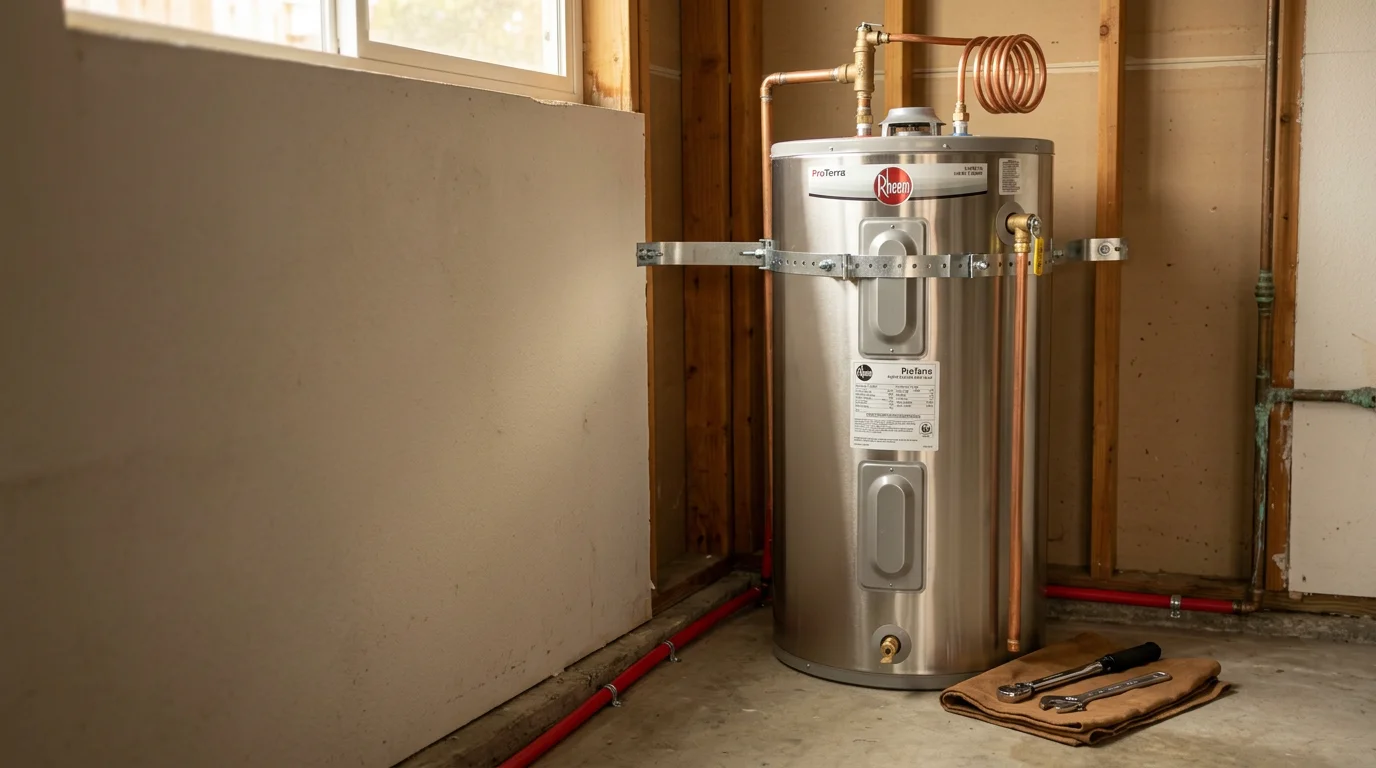 A plumber completing a water tank installation in a residential utility space in Glendora, California, with new water supply connections, seismic strapping, and a pressure relief valve in place. The finished setup shows a properly secured tank in a typical San Gabriel Valley home.