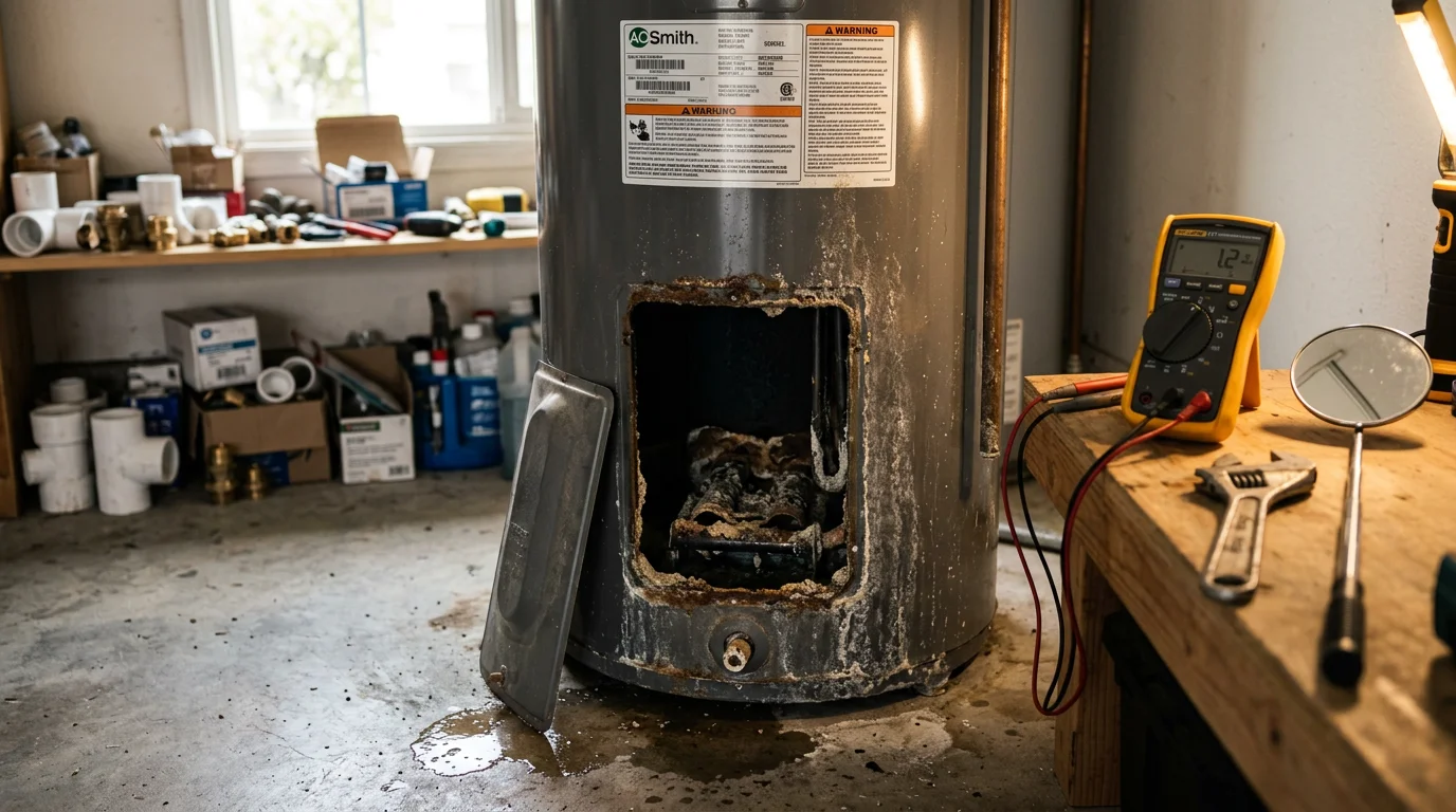 A plumber inspecting a residential water tank in a Glendora home garage, checking connections and valves for signs of leaks or corrosion. Close-up view shows the base of the tank and surrounding pipe fittings in a typical San Gabriel Valley home utility space.